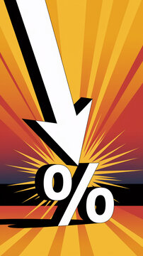 Large white percentage sign, impacted by a descending arrow against a radiant orange background, illustrating a price drop or discount