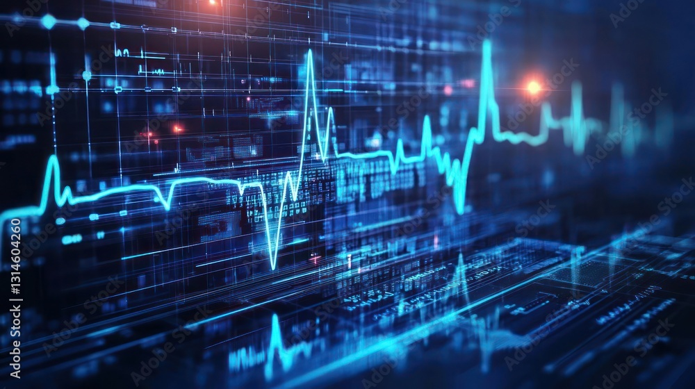 Poster abstract digital data visualization with blue circuit lines and bright light effect