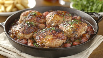 Roasted Chicken in Red Wine Sauce, Cast Iron Pan, with Sides
