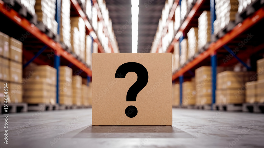 Poster cardboard box with large question mark in warehouse setting, symbolizing uncertainty, inventory, or 