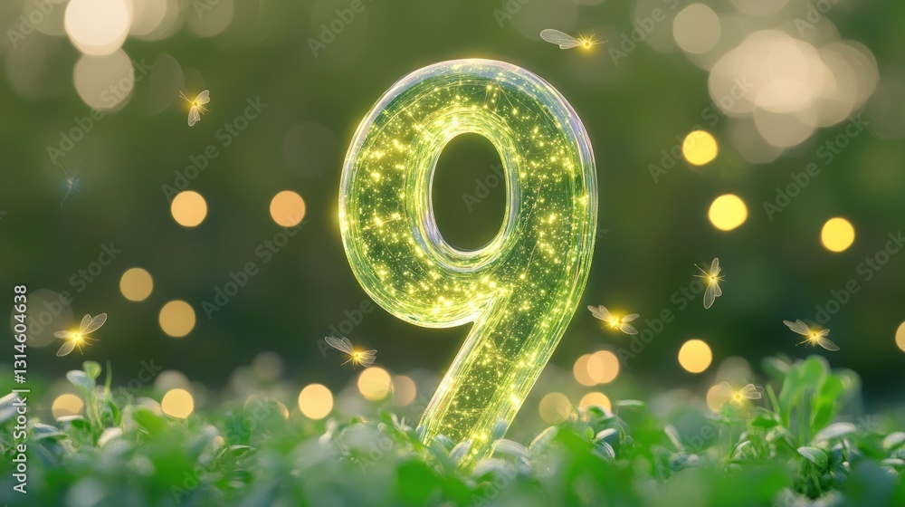 Aufkleber glowing number nine with ethereal sparkles amidst vibrant green foliage and bokeh background with a 