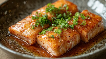 Pan-seared salmon teriyaki, close-up, restaurant dish, vibrant background