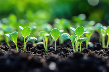  Delicate green sprouts emerging from rich, dark soil in soft light