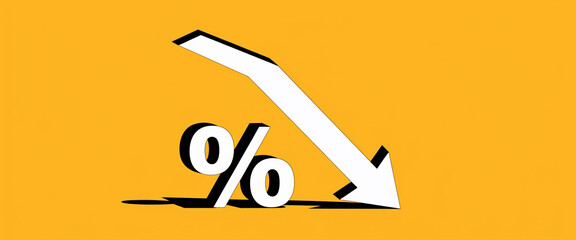 White percentage symbol with downward pointing arrow on amber background, illustrating a decrease or decline in percentage value, signifying economic downturn or reduced rates