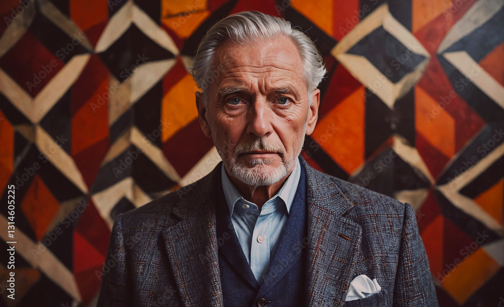Poster man in a suit and vest stands in front of a colorful wall. he looks serious and focused