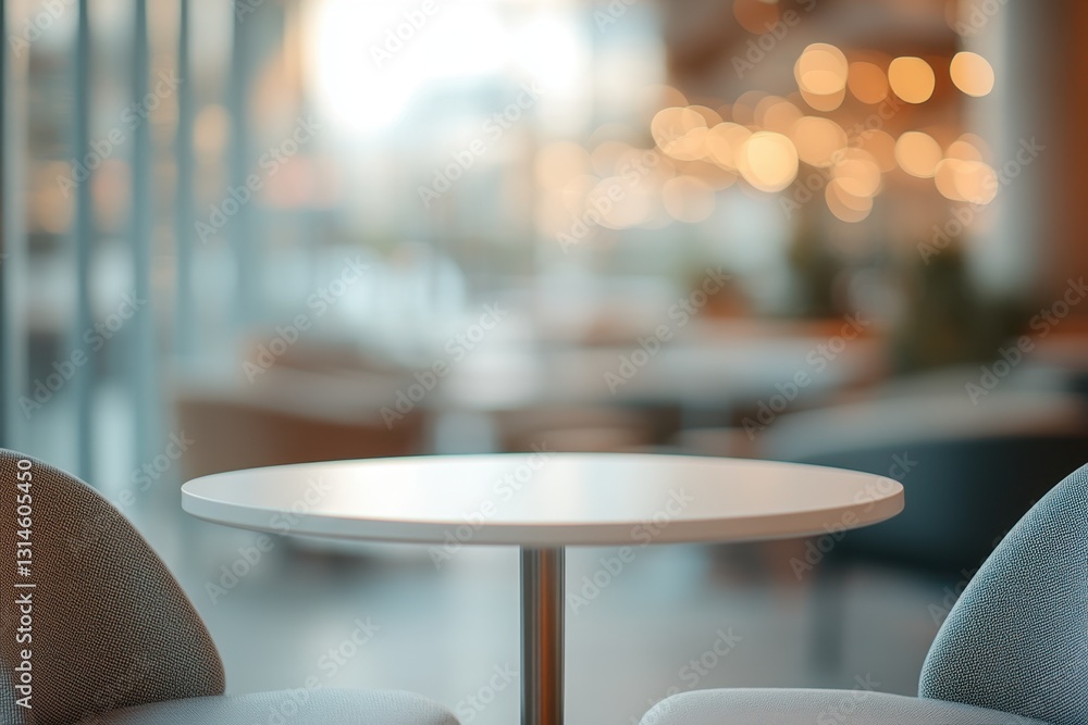 Poster serene cafe ambiance featuring a minimalist white table with comfortable chairs and soft bokeh backg