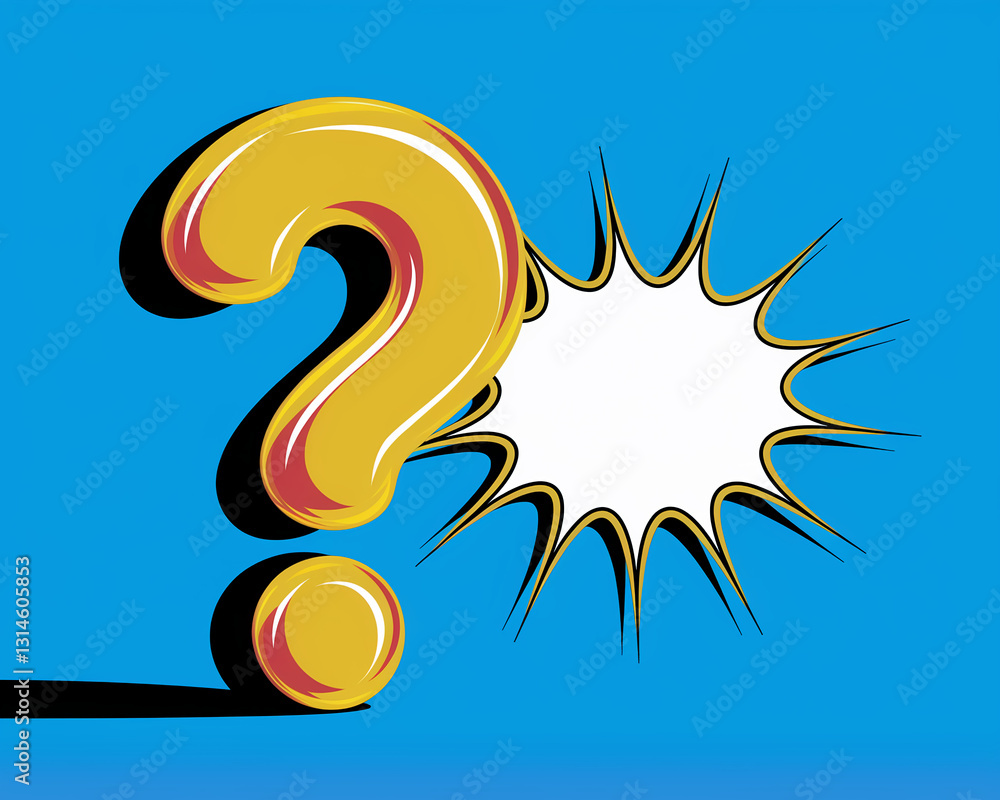 Poster yellow large question mark with speech bubble on blue background, symbolizing inquiry, query, or que