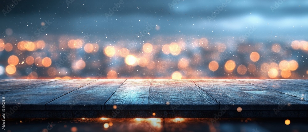 Poster enchanting cityscape backdrop with wooden surface and bokeh lights for festive product display and n