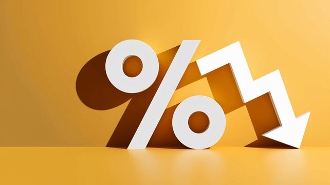 White percentage symbol with downward arrow on amber background, illustrating decrease, decline, or fall in percentage rate, suitable for financial or economic presentations