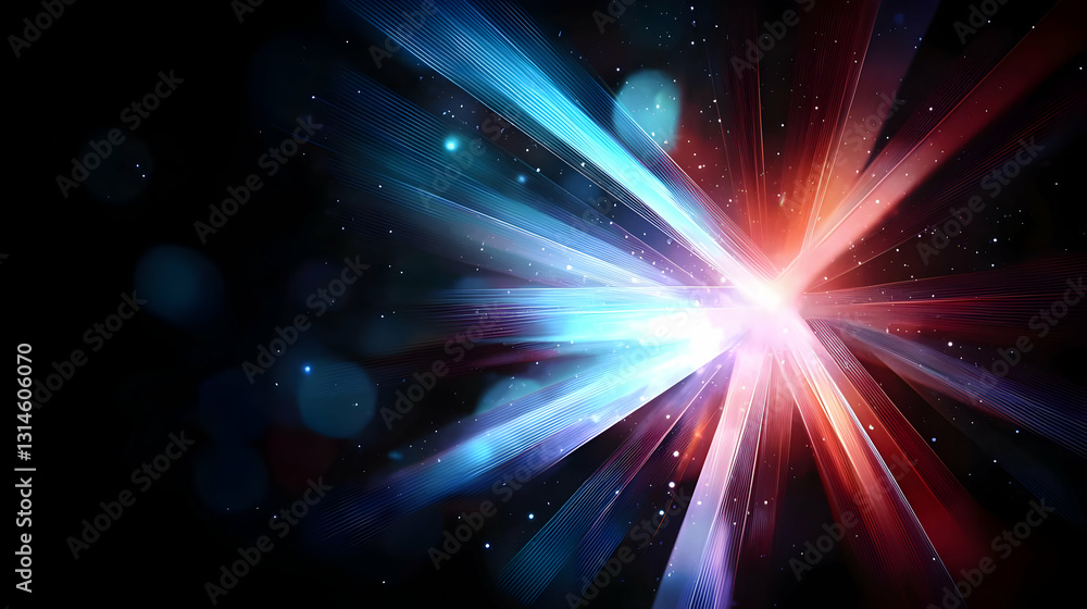 Poster dynamic abstract background with red and blue light streaks and sparkling particles on a black backg