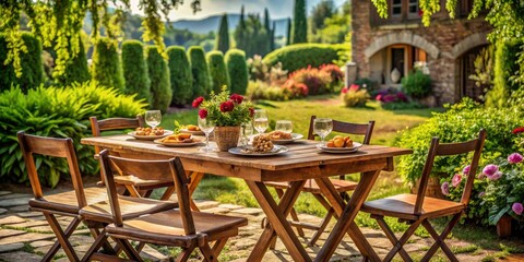 Fototapeta premium Rustic outdoor dining scene featuring a wooden table set for a meal, surrounded by lush greenery and a charming house in the background.