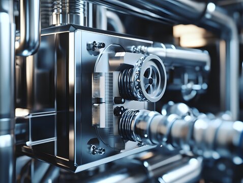 Close-up view of intricate metallic machinery showcasing detailed components and high-tech engineering.