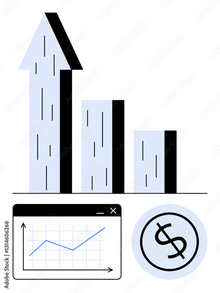 Poster bar chart with upward trend arrow, line graph in open window panel, large currency circle icon. idea