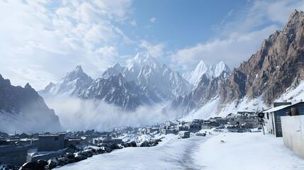 Panoramic View Of A Remote Snow Covered Village Nestled In A High Altitude Mountain Valley During Winter With Mist And Clouds