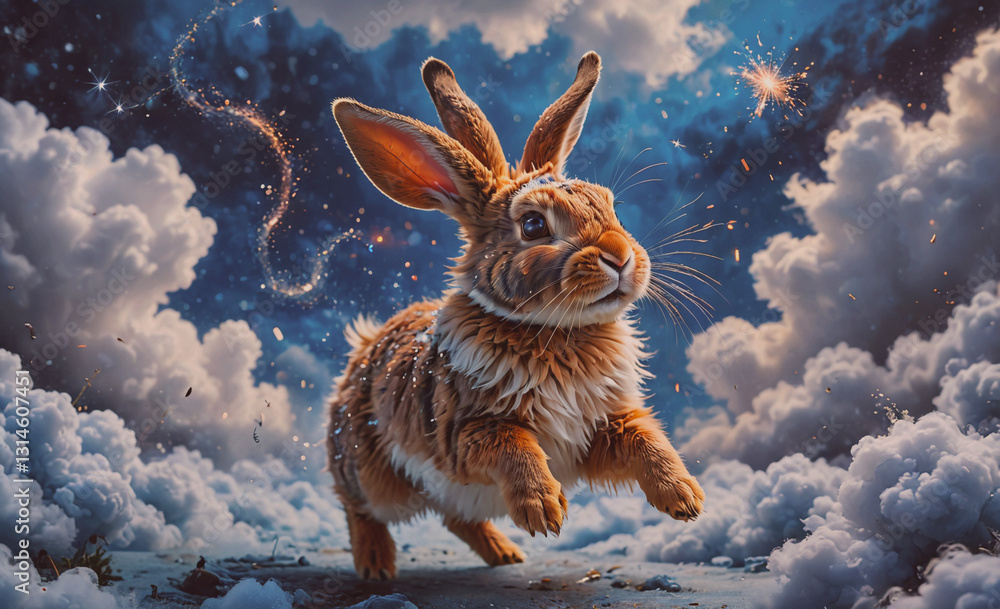 Poster Rabbit is jumping in the sky with clouds in the background. The rabbit is the main focus of the image, and the clouds add a sense of depth and atmosphere to the scene. The image conveys a feeling of