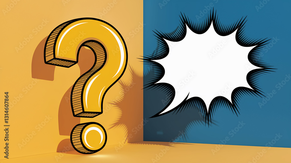 Aufkleber yellow large question mark and speech bubble on contrasting orange and blue background, showcasing c