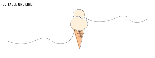 One continuous line drawing of an ice cream. Dessert concept. Editable stroke, simple doodle design, vector illustration