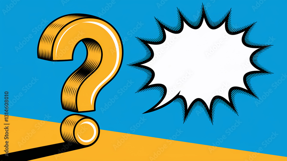 Poster Three-dimensional yellow large question mark with speech bubble on blue and orange background, representing inquiry, query, or problem-solving, ideal for educational or informative content