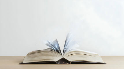 Open Antique Book With Glowing Pages And Magical Light Beams On A Wooden Table In Front Of White Background