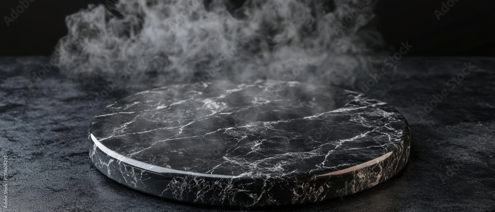 Poster elegant black marble podium with ethereal smoke for product display and captivating presentation bac