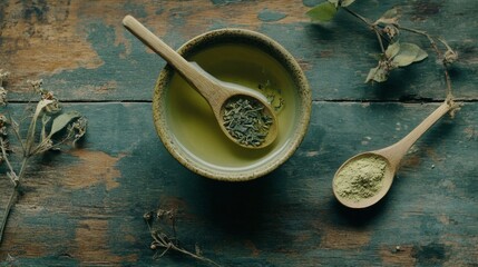 Flat lay of a cup of green tea with fresh tea leaves and a wooden spoon filled with tea powder on a rustic wooden table