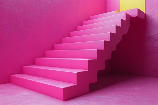 Modern Abstract Architecture with Vibrant Pink Staircase and Yellow Doorway