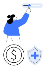 Woman interacts with slider, implying control. Coin and shield suggest financial planning, healthcare, savings, risk management, protection, decision-making and resource distribution. Flat simple