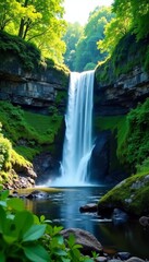 Obraz premium Stunning waterfall at Lathkill Dale with lush greenery and cascading water, stream, nature, Derbyshire