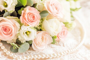 Obraz premium Delicate flowers arranged beautifully on vintage border with lace patterns and pearls. Concept features vintage border with lace patterns and pearls, emphasizing elegance and romance
