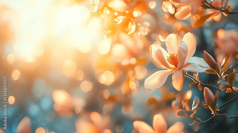 Poster delicate flowers bloom as soft sunlight filters through petals, illuminating a tranquil setting. the