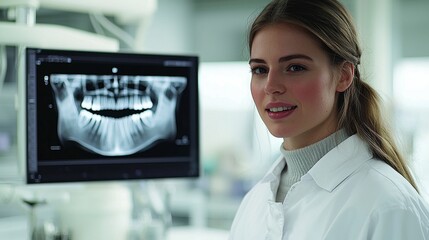 In the crisp, sterile environment of a modern dental clinic, a dedicated dentist engages with a cutting-edge, AI-driven diagnostic system This revolutionary technology is meticulously analyzing