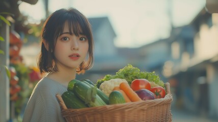 かごに入った野菜を持つ日本人美少女
