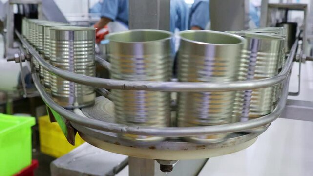 Workers in uniforms and gloves sort sardines fresh mackerel that have been processed through cold water keep them fresh and put them in cans conveyor belt modern production process canning factory.