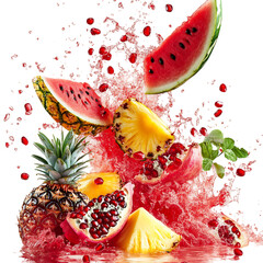 A Burst of Watermelon Pineapple and Pomegranate Fruit Splashing Isolated on Transparent Background