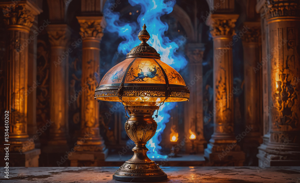 Poster lamp with a blue flame sits on a table in a dark room. the lamp is surrounded by pillars and has a g