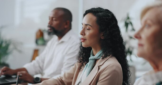 Business people, meeting and conversation with planning, feedback and cooperation with economy. Employees, seminar or team with skills, financial firm and listening with discussion or collaboration