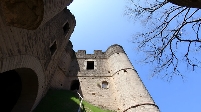 Bottom view of Poenari Castle a ruined castle in Romania which was a home of Vlad the Impaler, on a sunny day