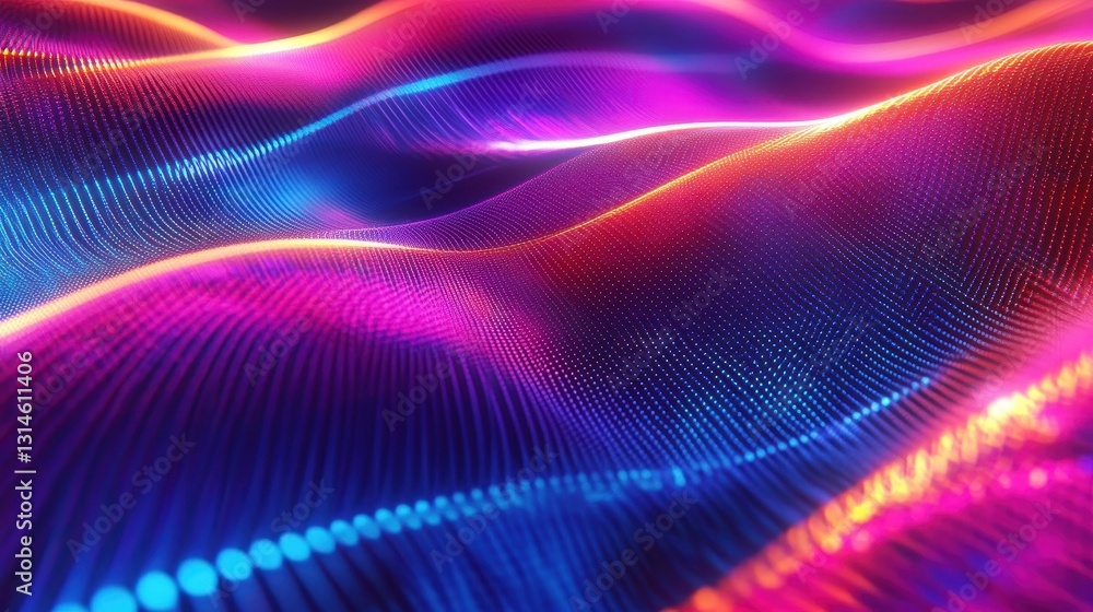 Poster high-tech digital wave abstract with neon cyberpunk aesthetic and dynamic light trails for technolog