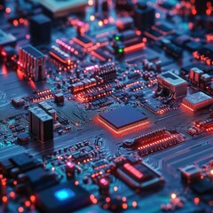 Obraz premium Intricate Abstract Circuitry Art Showcasing Electronic Computer Hardware Integrated with a Detailed Circuit Board Background in Futuristic Digital Design
