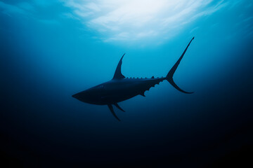 Fototapeta premium Ocean's Enigma: Shark Silhouette in Deep Blue Waters