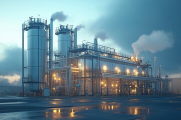 Obraz premium Industrial Complex at Dusk: Steel Structures and Cloudy Sky