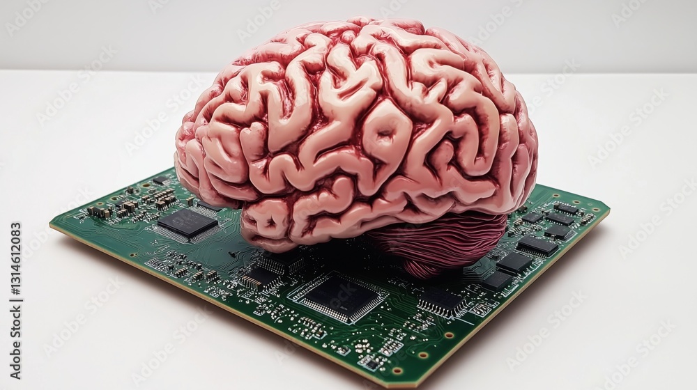Poster realistic human brain model placed on a circuit board in a contemporary art display about technology