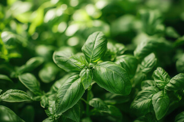 Lush herb garden with basil, rosemary, thyme, and parsley in soft light