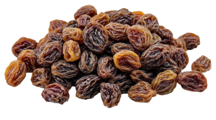 Gros plan de raisins secs bruns et dorés, texture ridée et luisante.