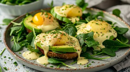 Healthy breakfast bowl with avocado and poached eggs on spinach