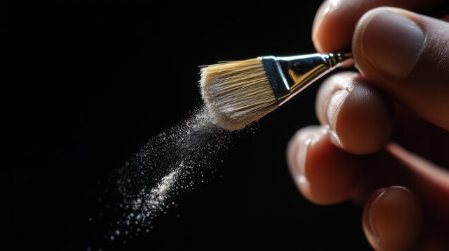 Demonstrating art technique with fine brush handling and powder application during a creative session