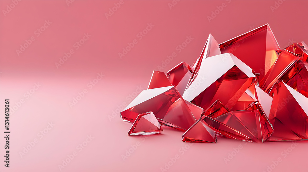 Poster abstract composition of red translucent triangular crystalline shards piled on a pink surface with s