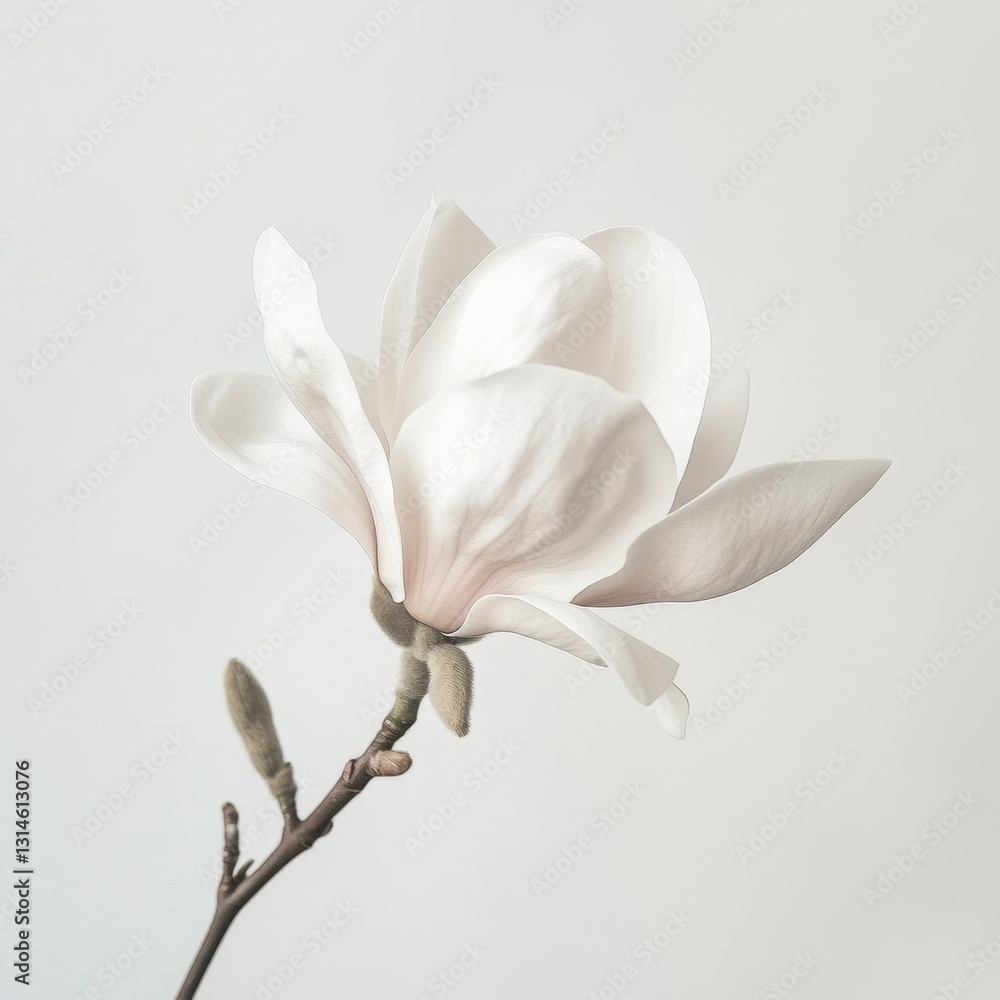 Poster luminous white magnolia bloom floating in pure white space with dramatic shadows creating ethereal m