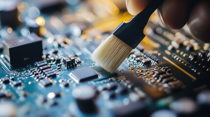 Detailed cleaning of electronic circuit board using a small brush for maintenance and repair in a workshop