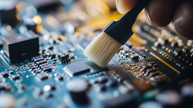 Detailed cleaning of electronic circuit board using a small brush for maintenance and repair in a workshop